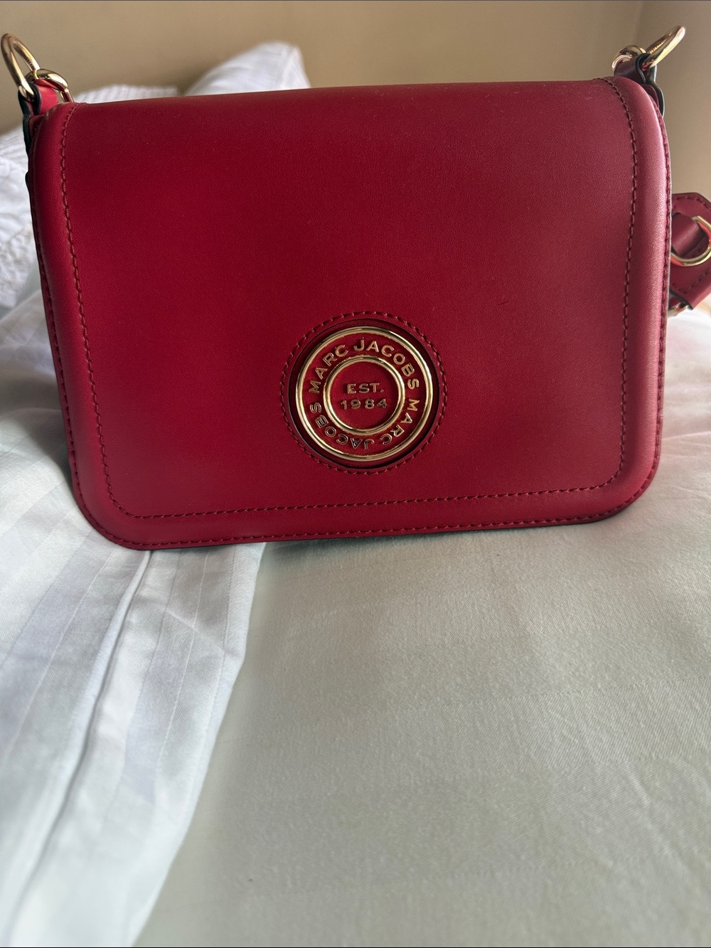 Marc Jacobs Red Leather Crossbody with Gold Logo Disc